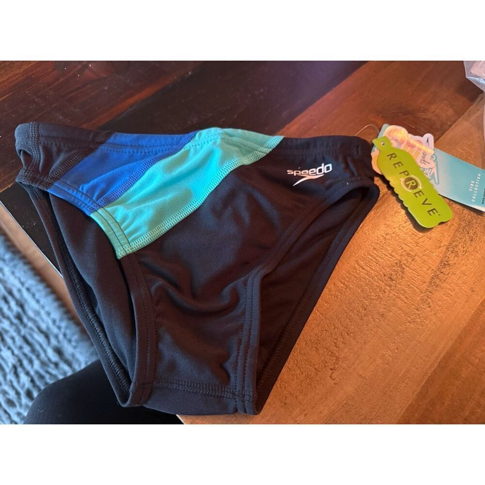 Speedo Endurance+ Swim Briefs Size 26 Black & Imperial Blue NWT MSRP $44.00